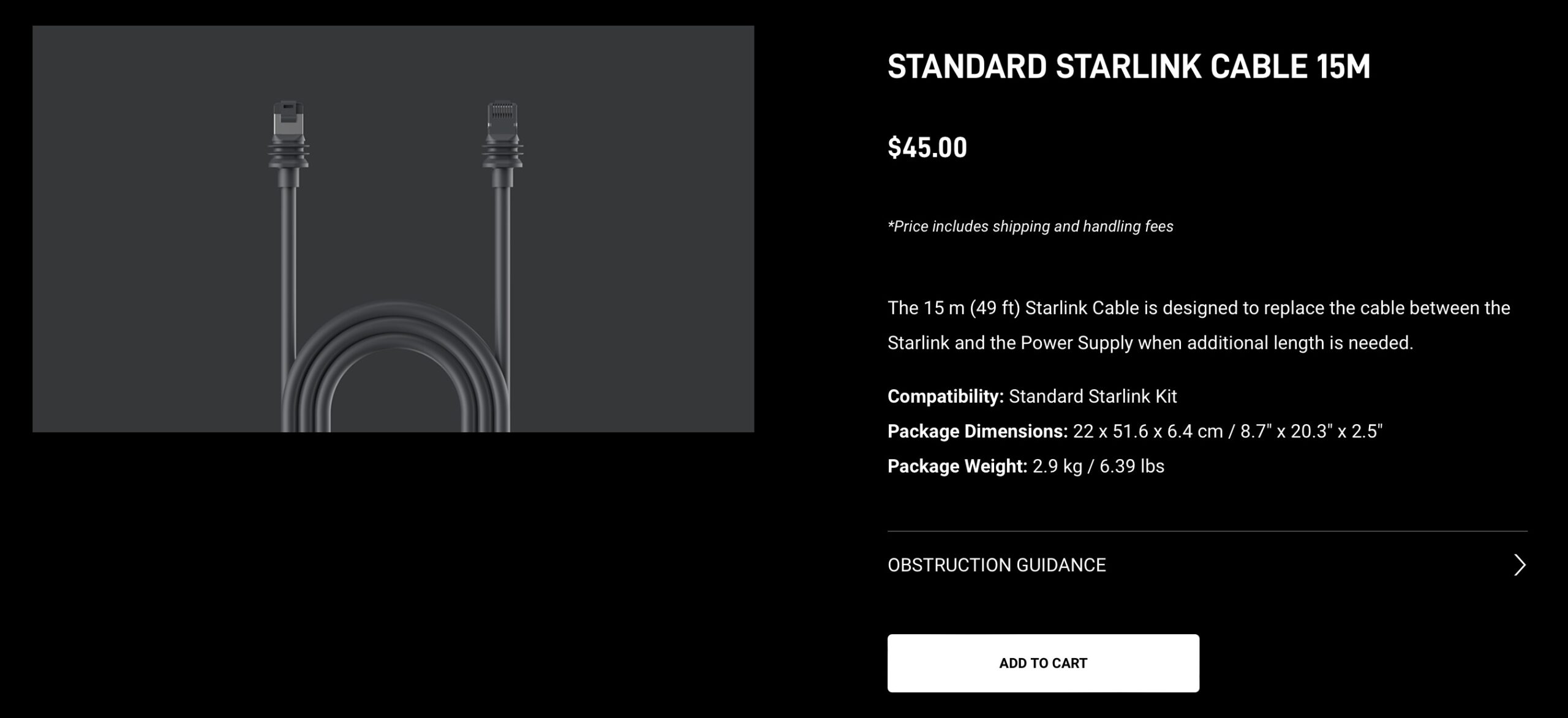 Starlink shop page for the 15M Standard Starlink cable.